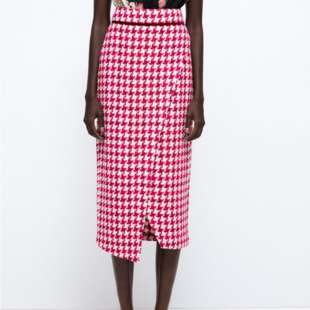 Zara Red and Pink Midi Pencil Skirt with Front Slit